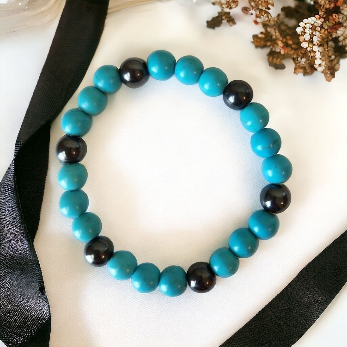 Turquoise & Magnetic Hematite Stretch Bracelet for purpose & protection
