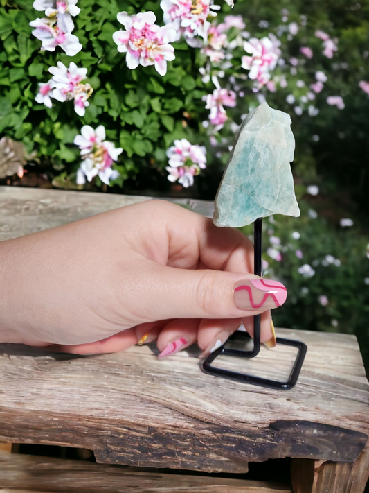 Amazonite Raw Specimen on Metal Stand AKA the stone of courage